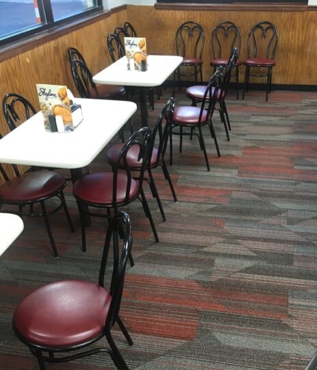 Commercial carpet flooring installation at Skyline Chili in North College Hill, a suburb of Cincinnati, Ohio.
